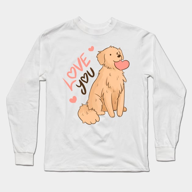 Love you a cute golden Retriever holding a heart for valentines day Long Sleeve T-Shirt by Yarafantasyart